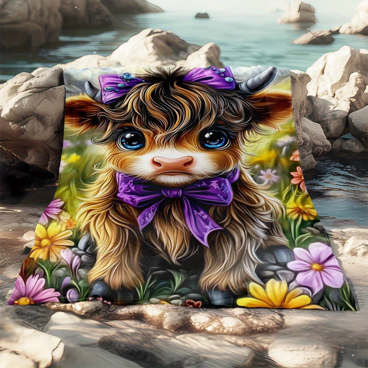 Aonana Cute Highland Cow with Purple Bow Flannel Blanket