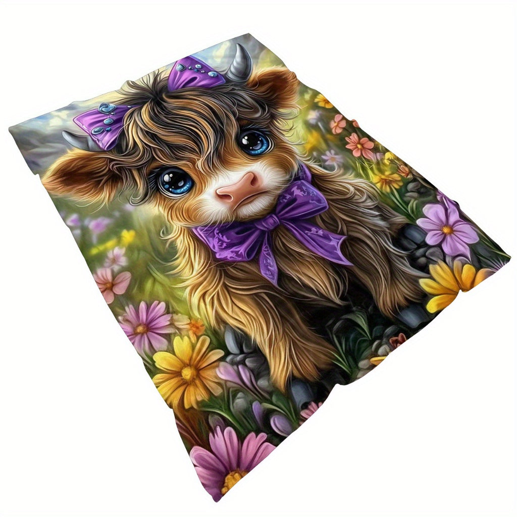 Aonana Cute Highland Cow with Purple Bow Flannel Blanket