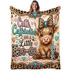 Aonana Cute Highland Cow Coffee Leopard Print Flannel Throw Blanket