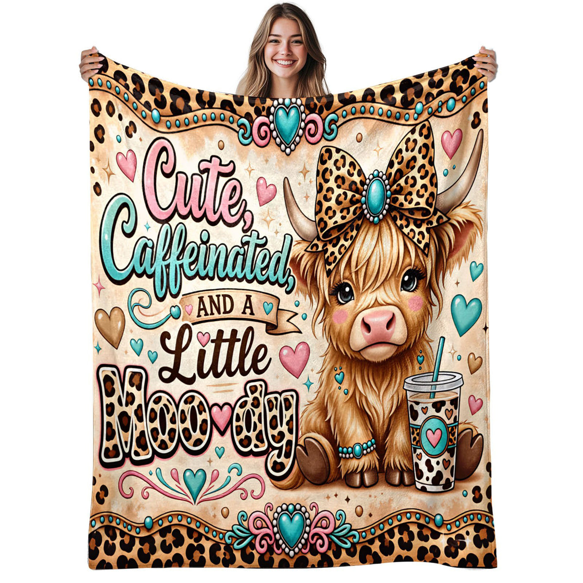 Aonana Cute Highland Cow Coffee Leopard Print Flannel Throw Blanket