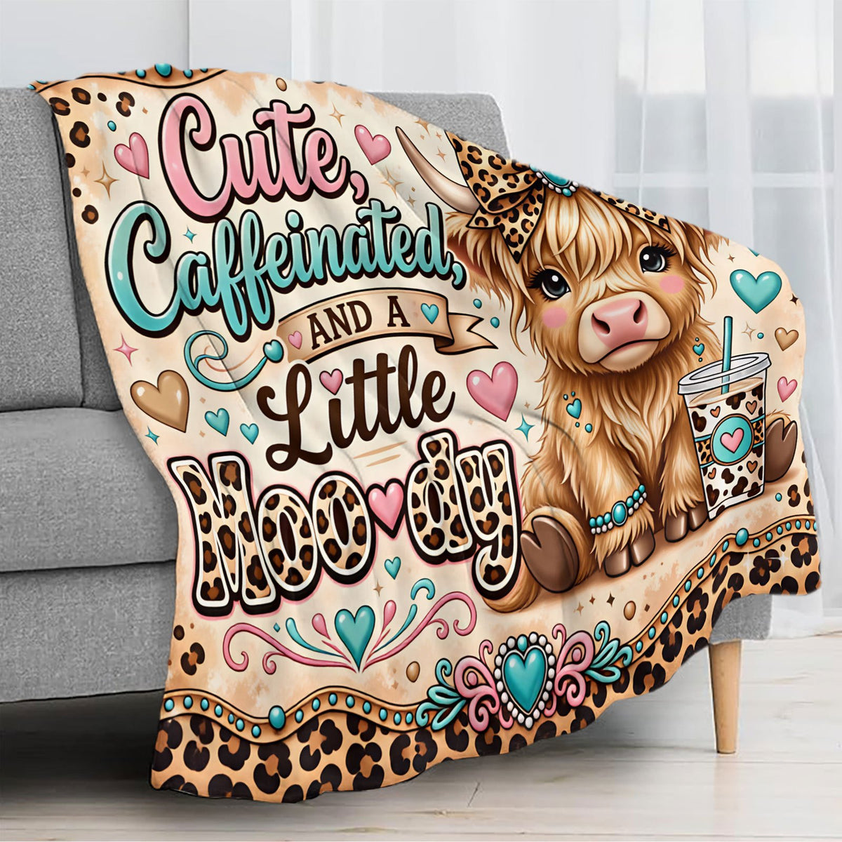 Aonana Cute Highland Cow Coffee Leopard Print Flannel Throw Blanket