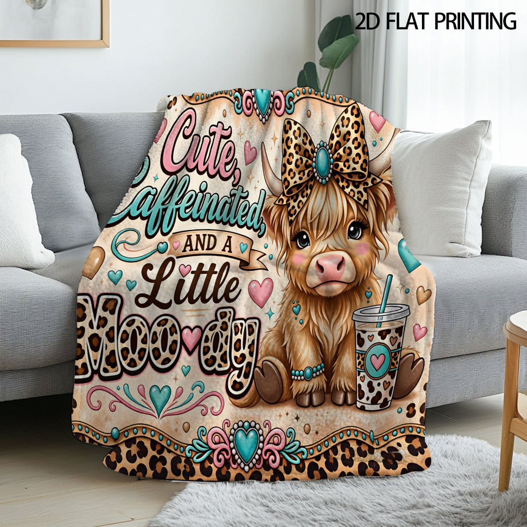 Aonana Cute Highland Cow Coffee Leopard Print Flannel Throw Blanket