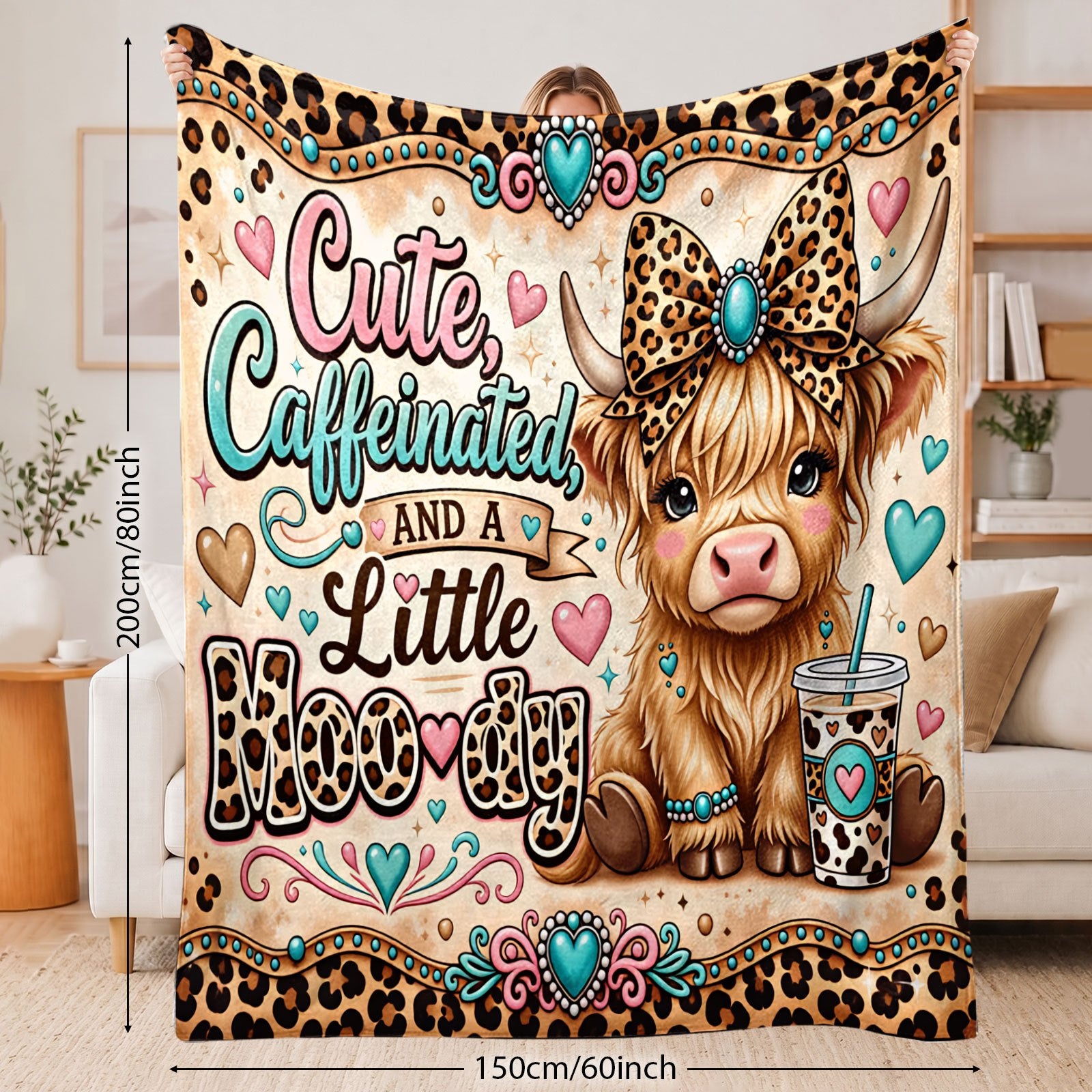 Aonana Cute Highland Cow Coffee Leopard Print Flannel Throw Blanket