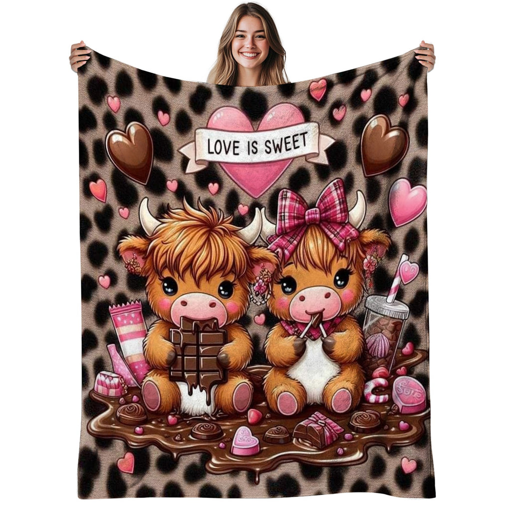 Aonana “Love Is Sweet” Highland Cow Flannel Blanket