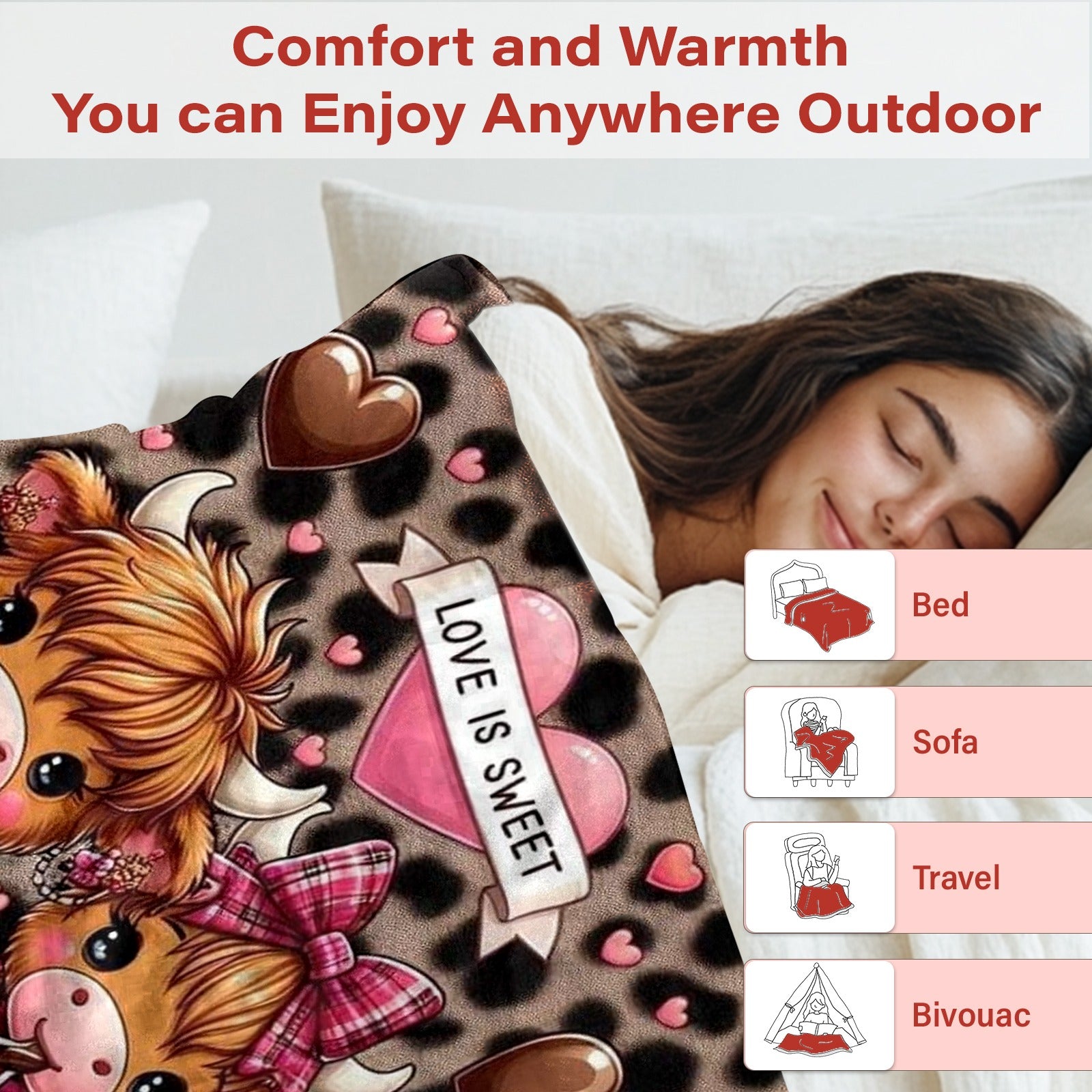 Aonana “Love Is Sweet” Highland Cow Flannel Blanket