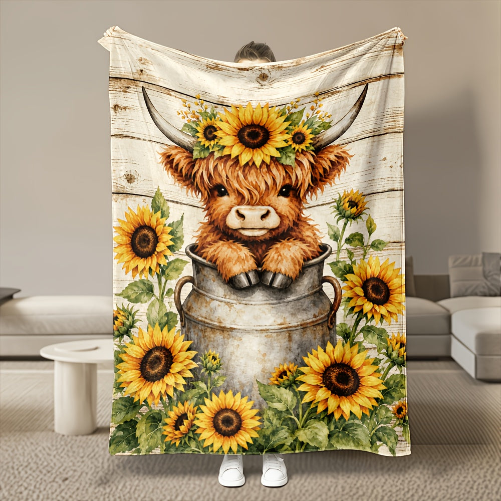 Aonana Sunflower Highland Cow Flannel Blanket