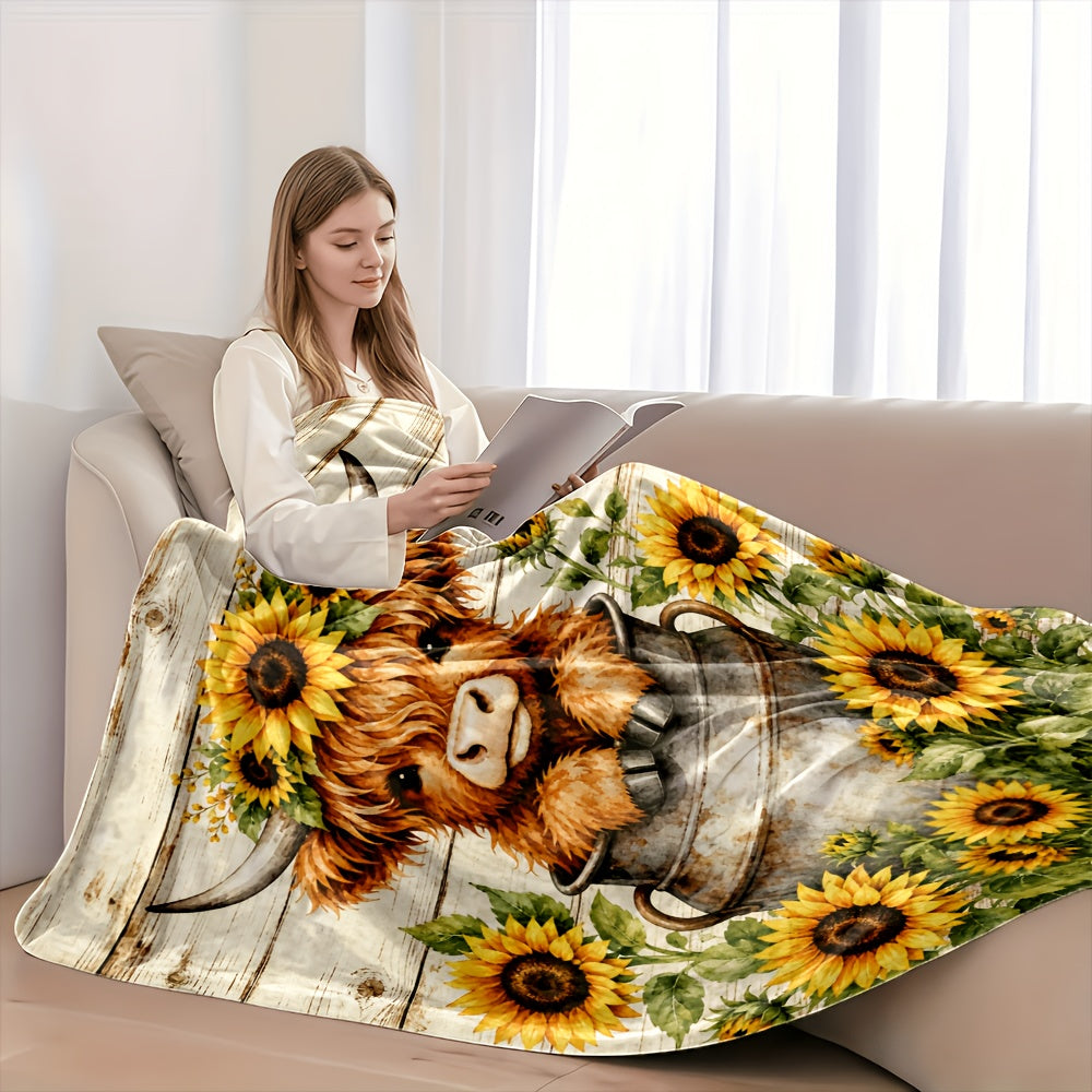 Aonana Sunflower Highland Cow Flannel Blanket