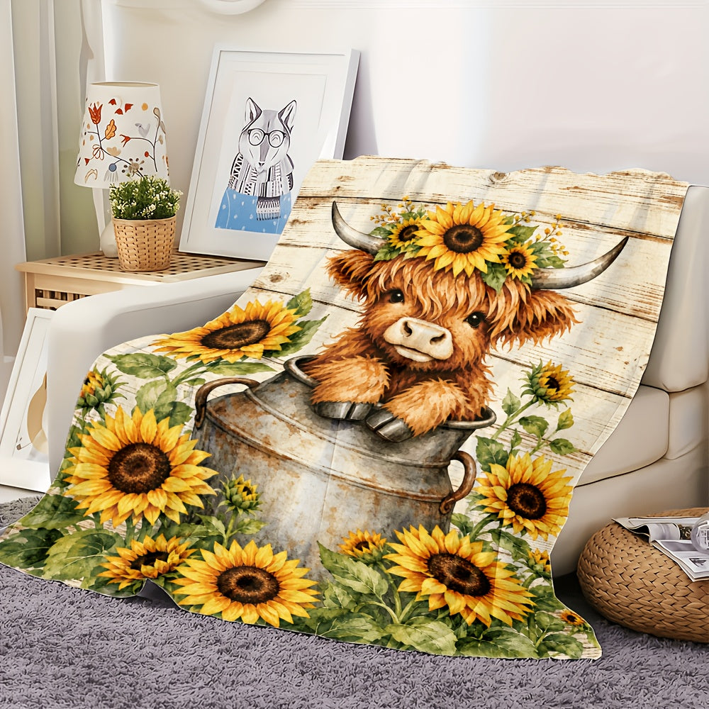Aonana Sunflower Highland Cow Flannel Blanket