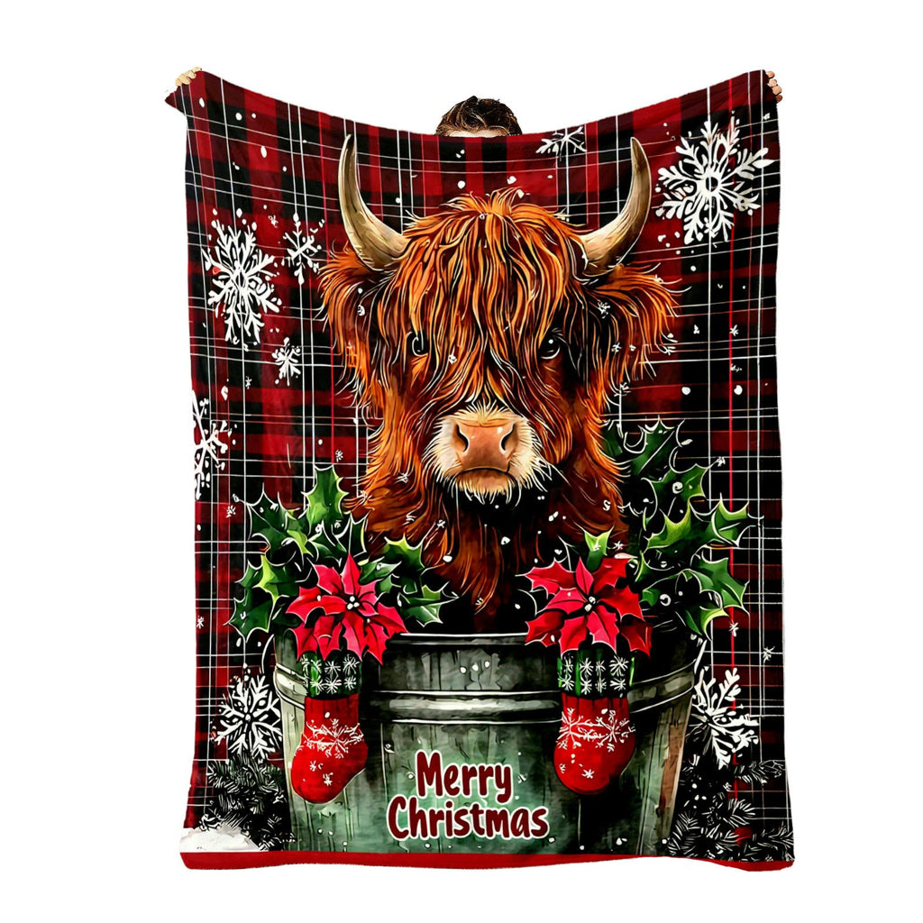 Aonana Merry Christmas Highland Cow Flannel Blanket