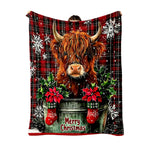 Aonana Merry Christmas Highland Cow Flannel Blanket