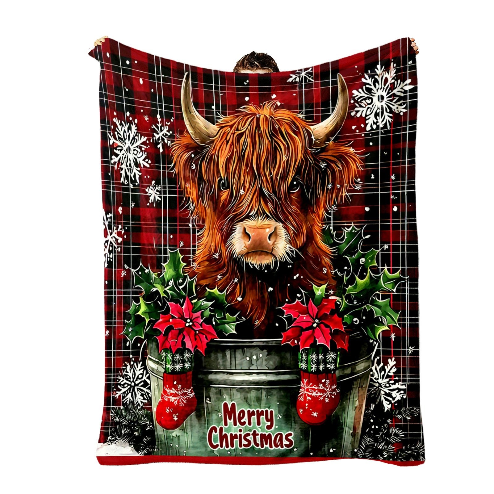 Aonana Merry Christmas Highland Cow Flannel Blanket