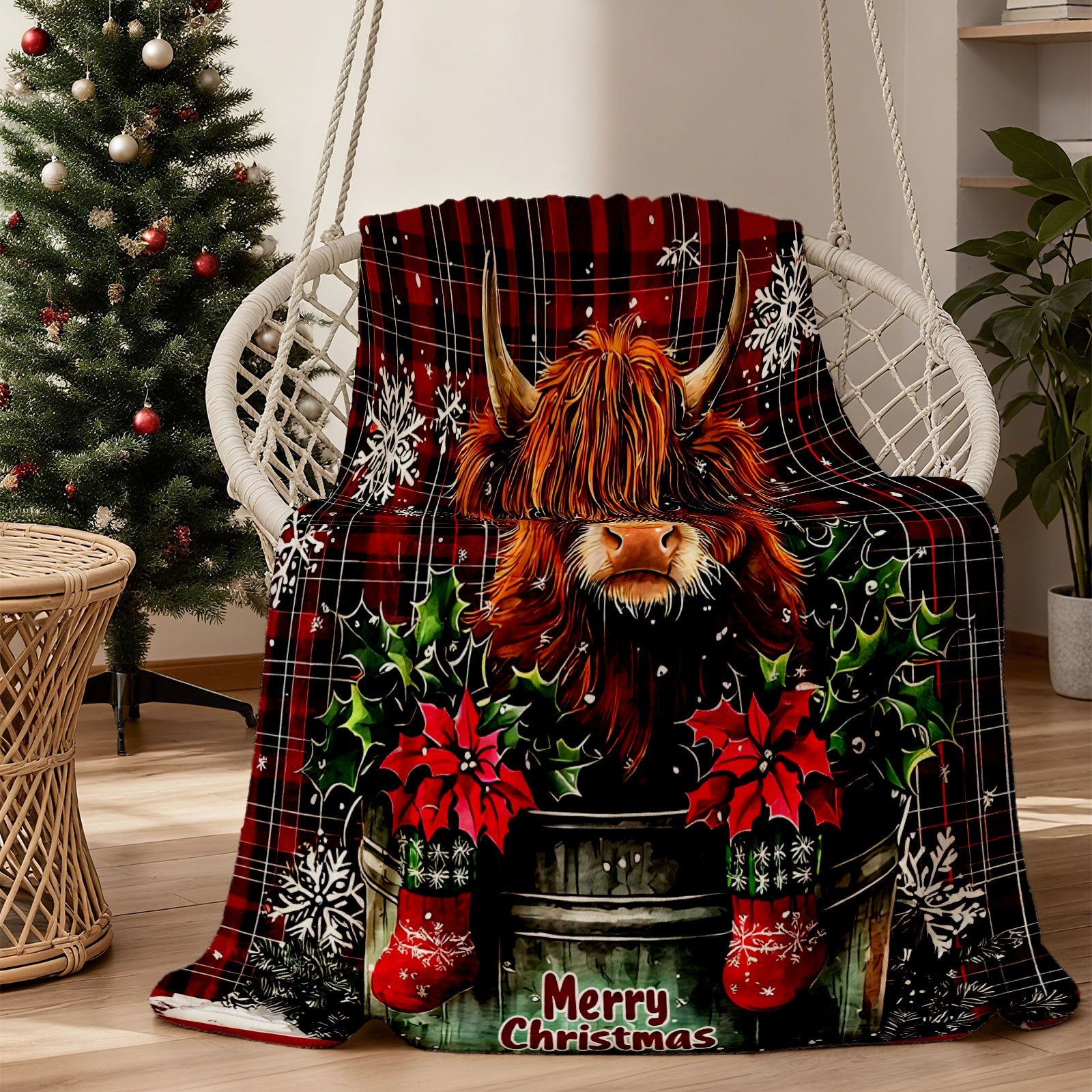 Aonana Merry Christmas Highland Cow Flannel Blanket