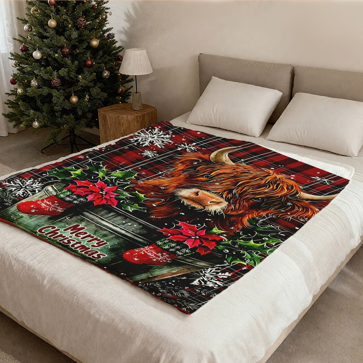 Aonana Merry Christmas Highland Cow Flannel Blanket