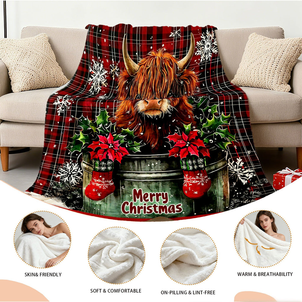 Aonana Merry Christmas Highland Cow Flannel Blanket