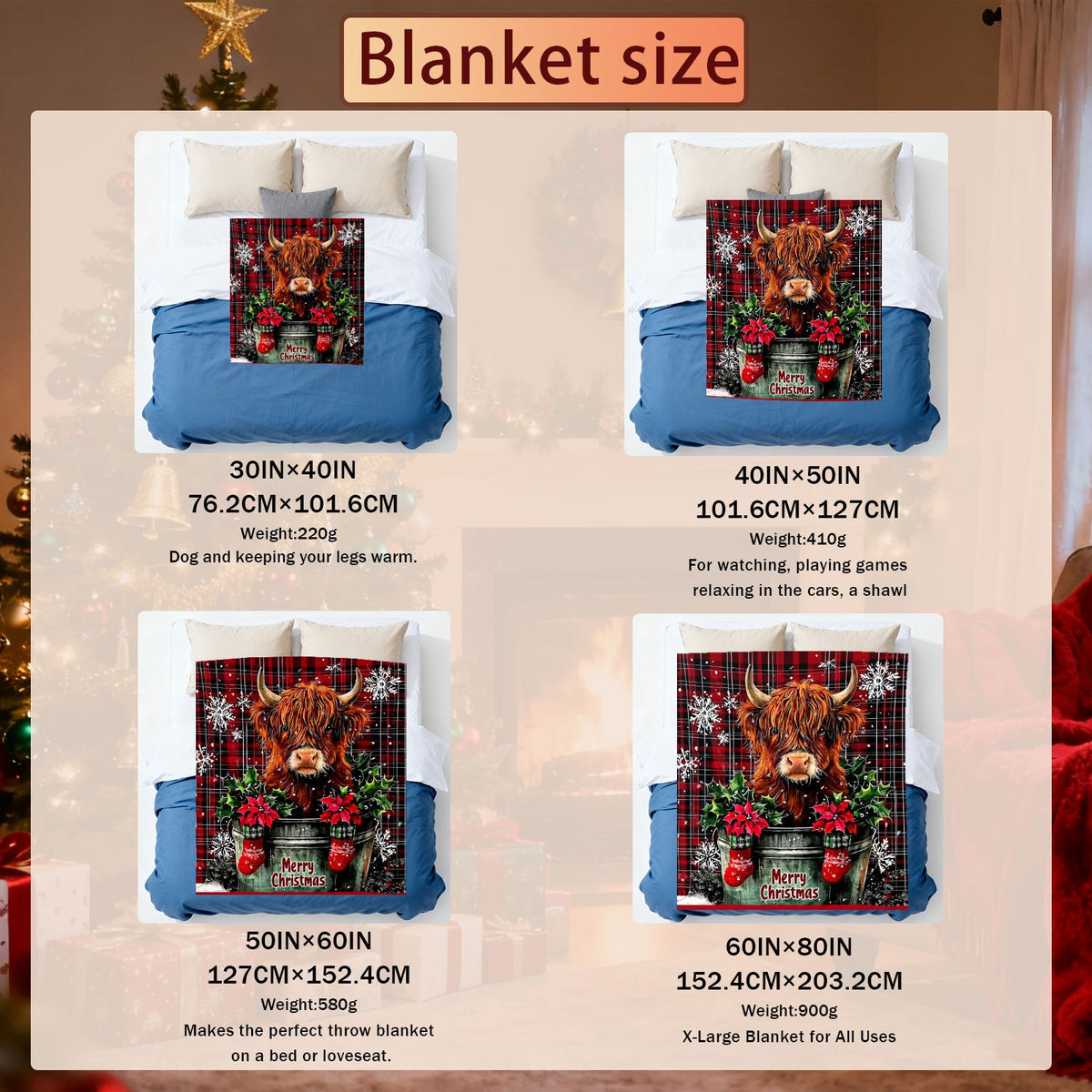 Aonana Merry Christmas Highland Cow Flannel Blanket