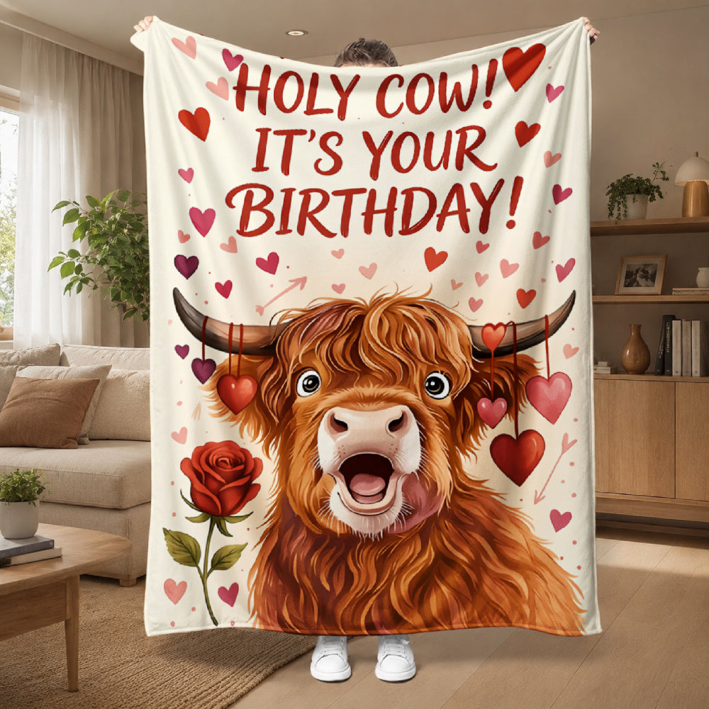Aonana Happy Birthday Highland Cow Flannel Blanket