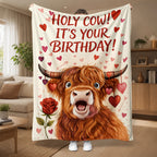 Aonana Happy Birthday Highland Cow Flannel Blanket