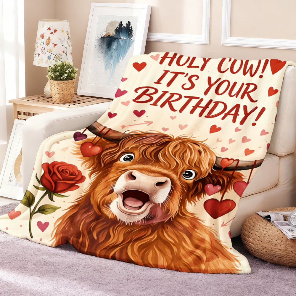 Aonana Happy Birthday Highland Cow Flannel Blanket