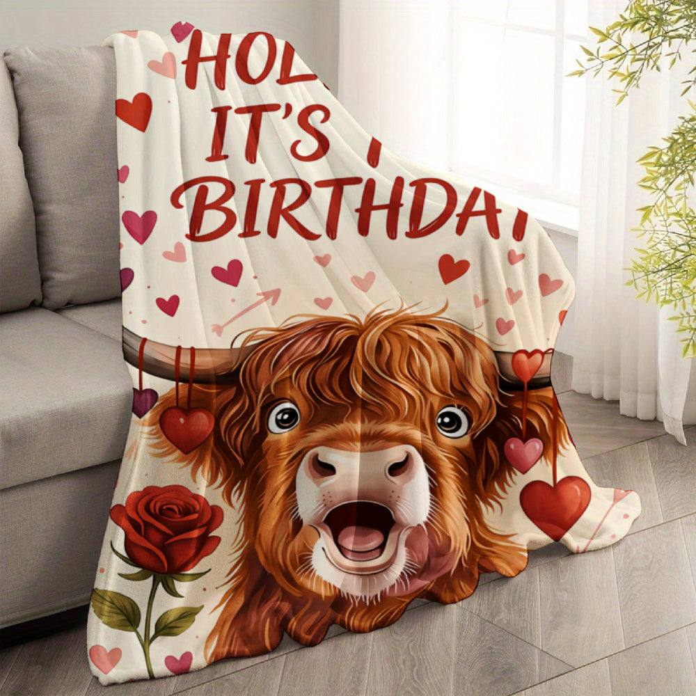 Aonana Happy Birthday Highland Cow Flannel Blanket