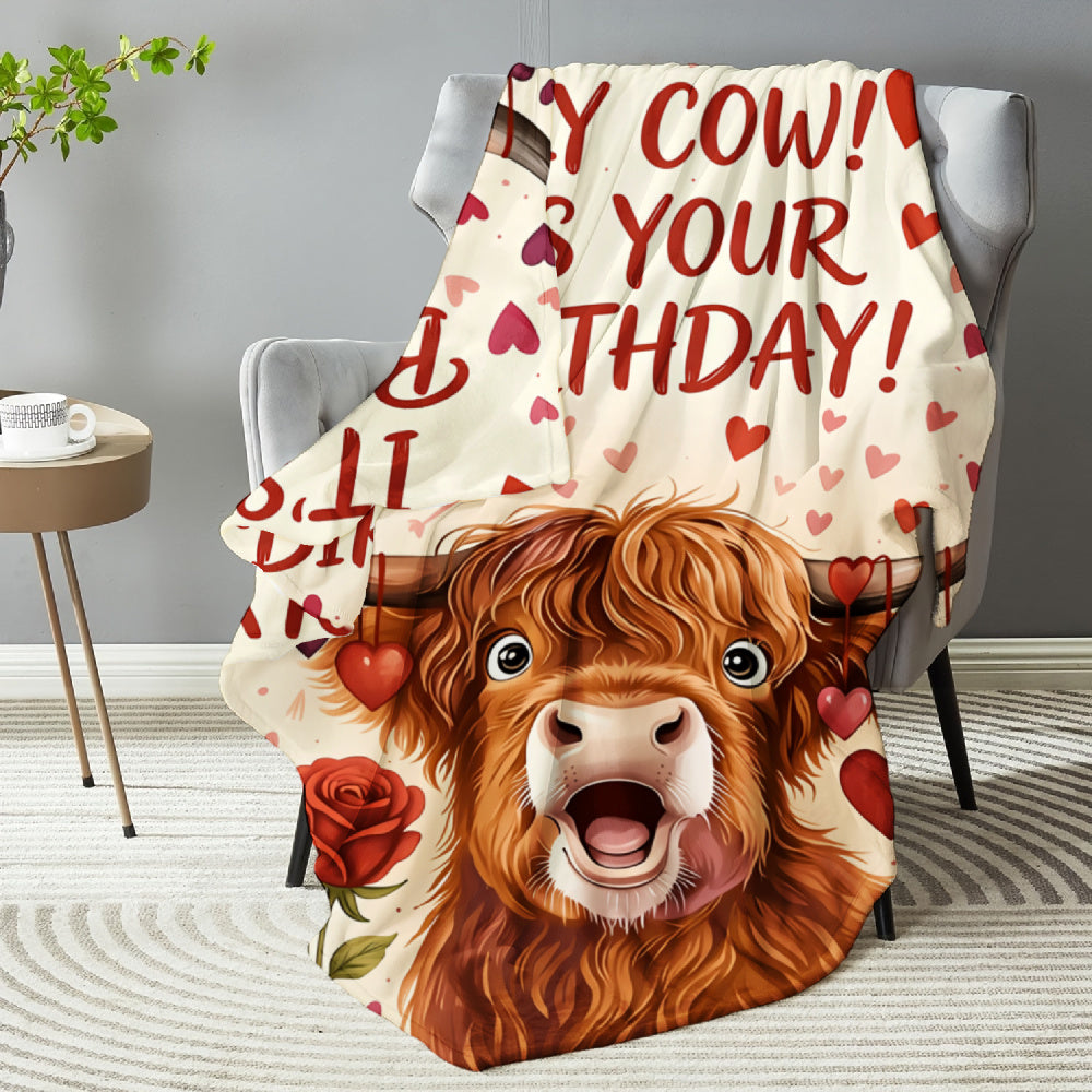 Aonana Happy Birthday Highland Cow Flannel Blanket