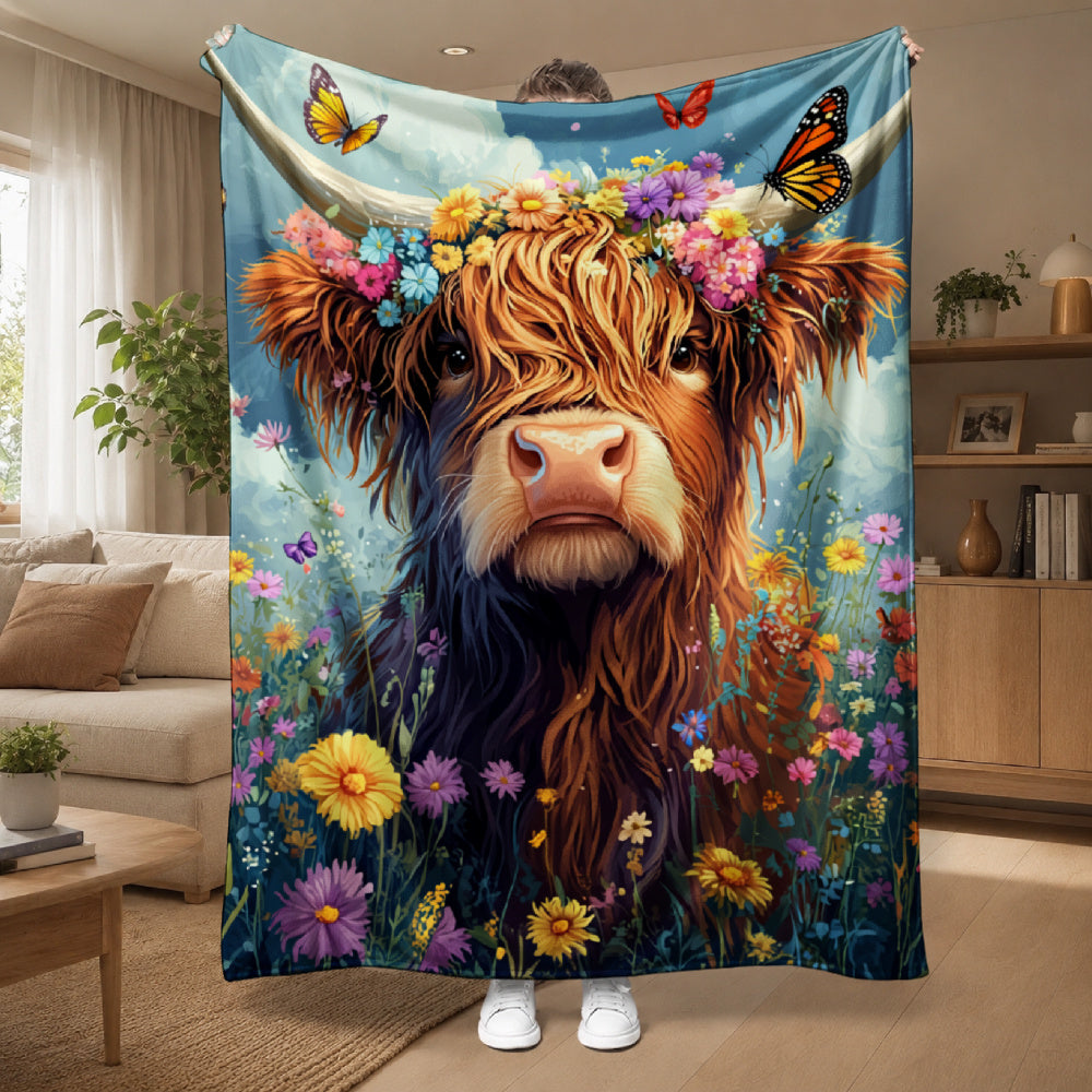 Aonana Flower Crown Highland Cow Flannel Blanket