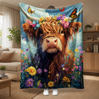 Aonana Flower Crown Highland Cow Flannel Blanket