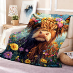 Aonana Flower Crown Highland Cow Flannel Blanket