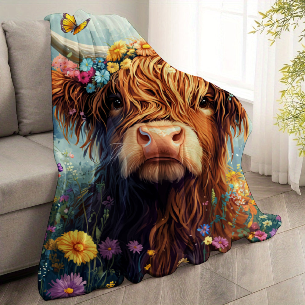 Aonana Flower Crown Highland Cow Flannel Blanket