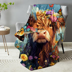 Aonana Flower Crown Highland Cow Flannel Blanket