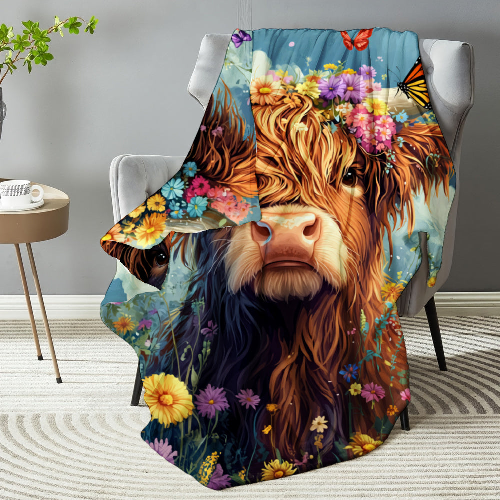 Aonana Flower Crown Highland Cow Flannel Blanket