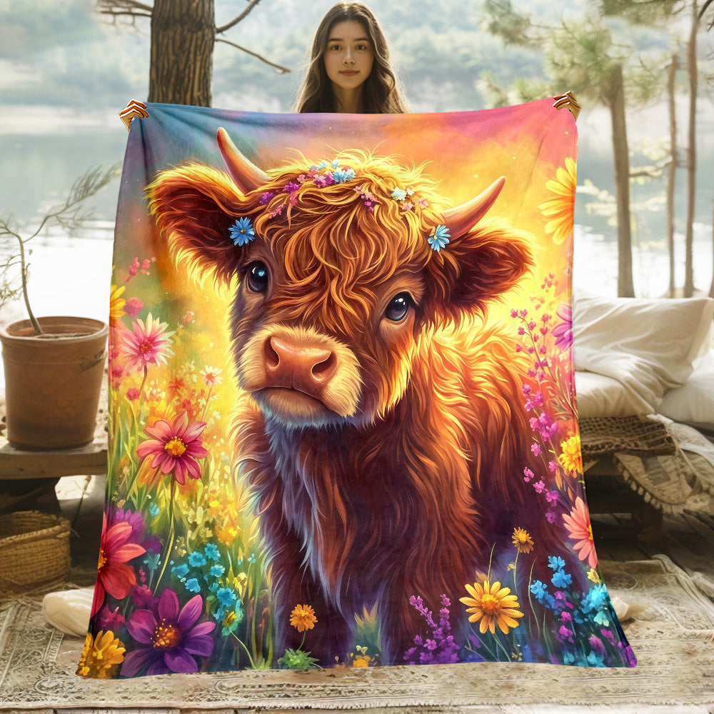 Aonana Wildflower Highland Cow Flannel Blanket