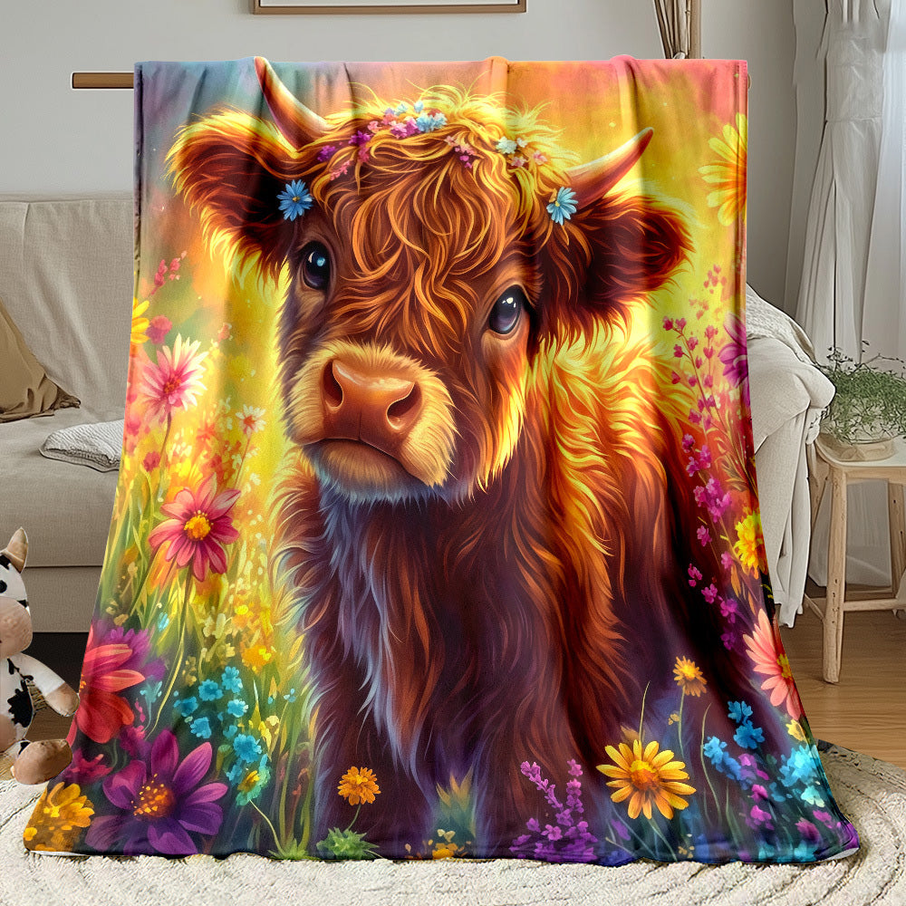 Aonana Wildflower Highland Cow Flannel Blanket