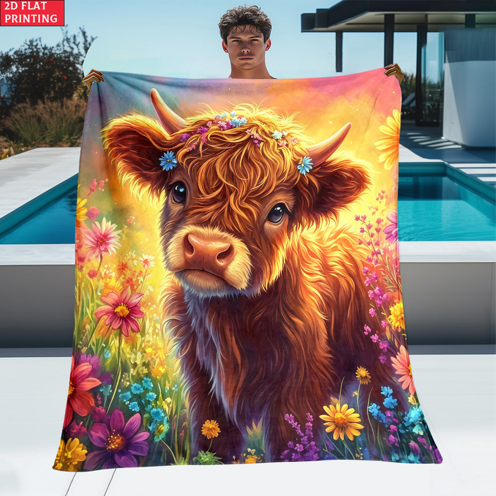 Aonana Wildflower Highland Cow Flannel Blanket