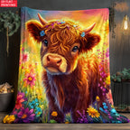 Aonana Wildflower Highland Cow Flannel Blanket