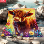 Aonana Wildflower Highland Cow Flannel Blanket