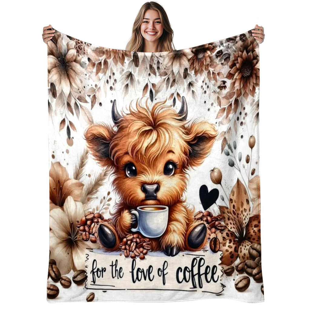 Aonana Highland Cow Coffee Lover Flannel Throw Blanket