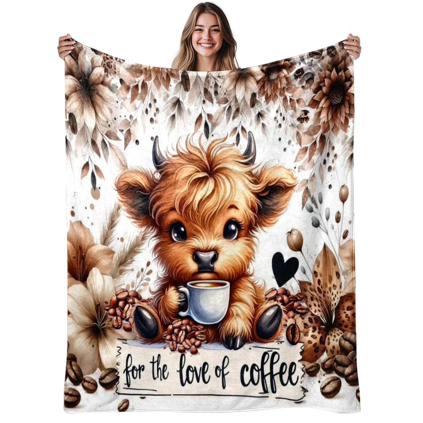 Aonana Highland Cow Coffee Lover Flannel Throw Blanket