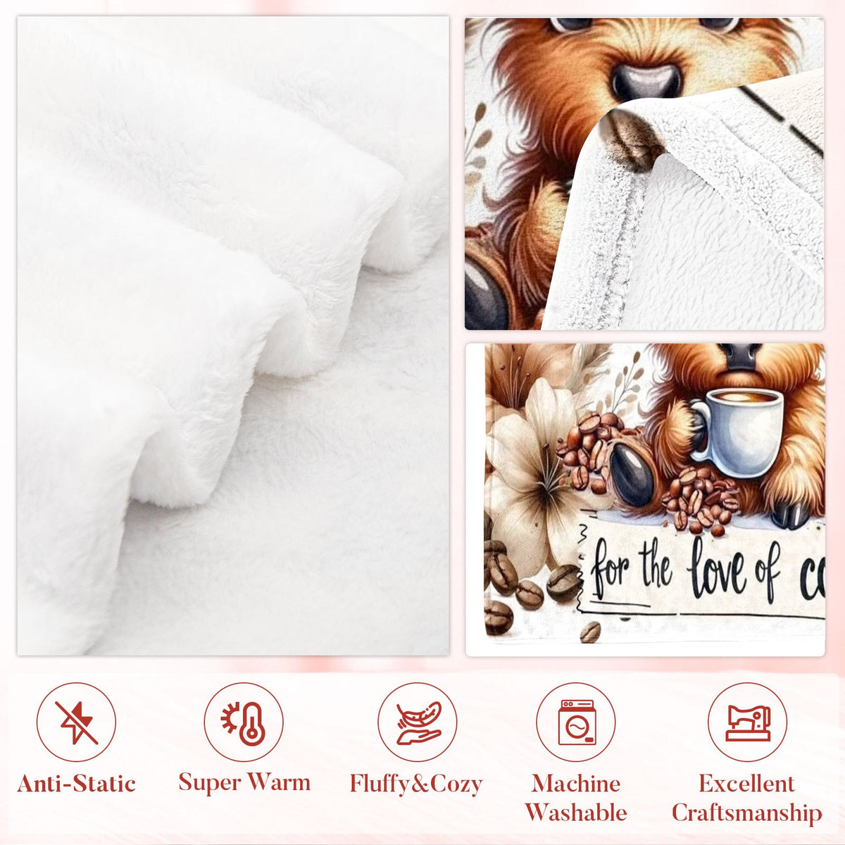 Aonana Highland Cow Coffee Lover Flannel Throw Blanket
