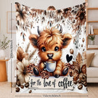 Aonana Highland Cow Coffee Lover Flannel Throw Blanket