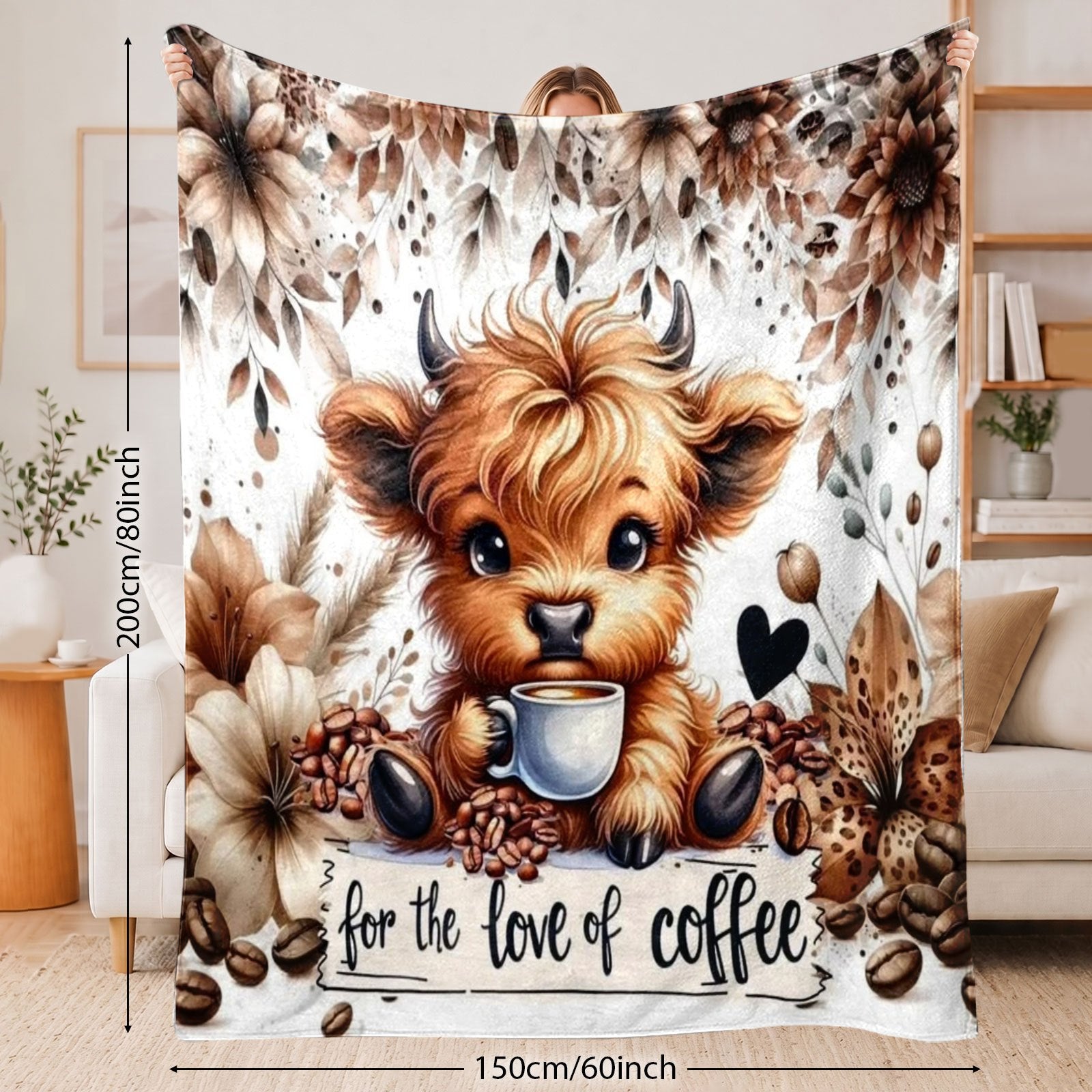 Aonana Highland Cow Coffee Lover Flannel Throw Blanket