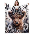 Aonana Highland Cow Plaid Bow Print Flannel Throw Blanket