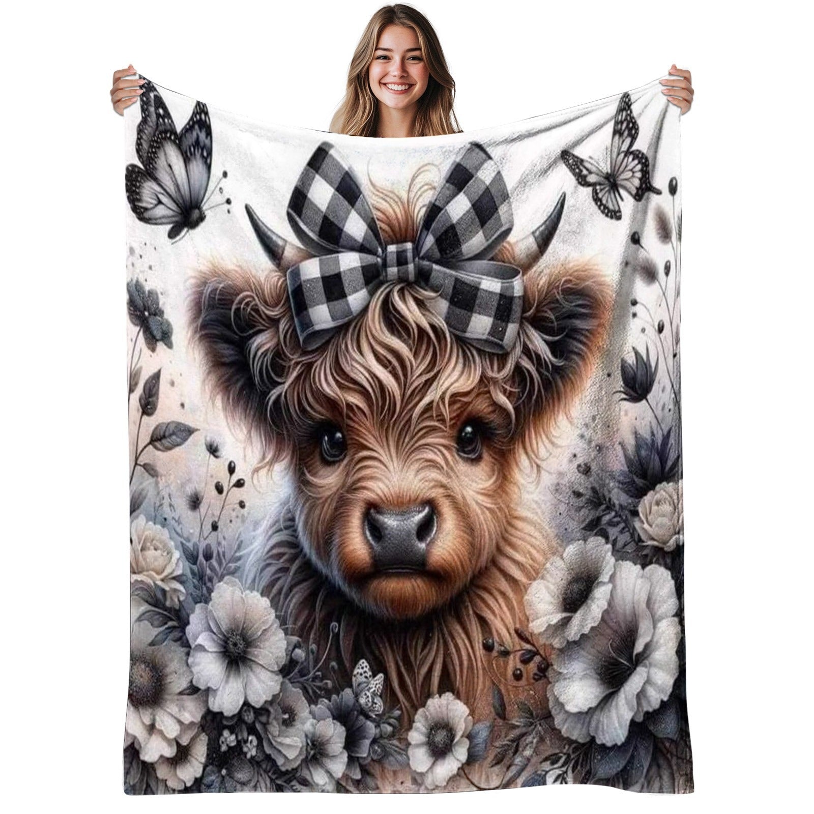 Aonana Highland Cow Plaid Bow Print Flannel Throw Blanket