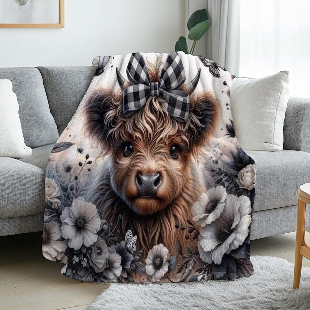 Aonana Highland Cow Plaid Bow Print Flannel Throw Blanket