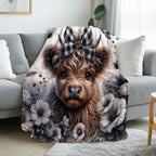 Aonana Highland Cow Plaid Bow Print Flannel Throw Blanket