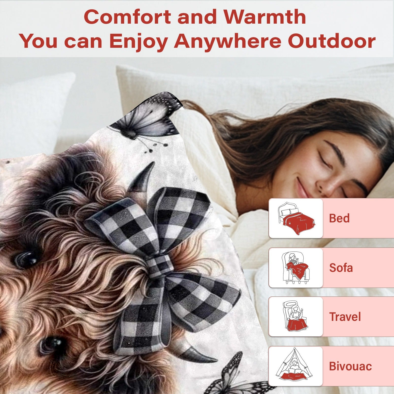 Aonana Highland Cow Plaid Bow Print Flannel Throw Blanket