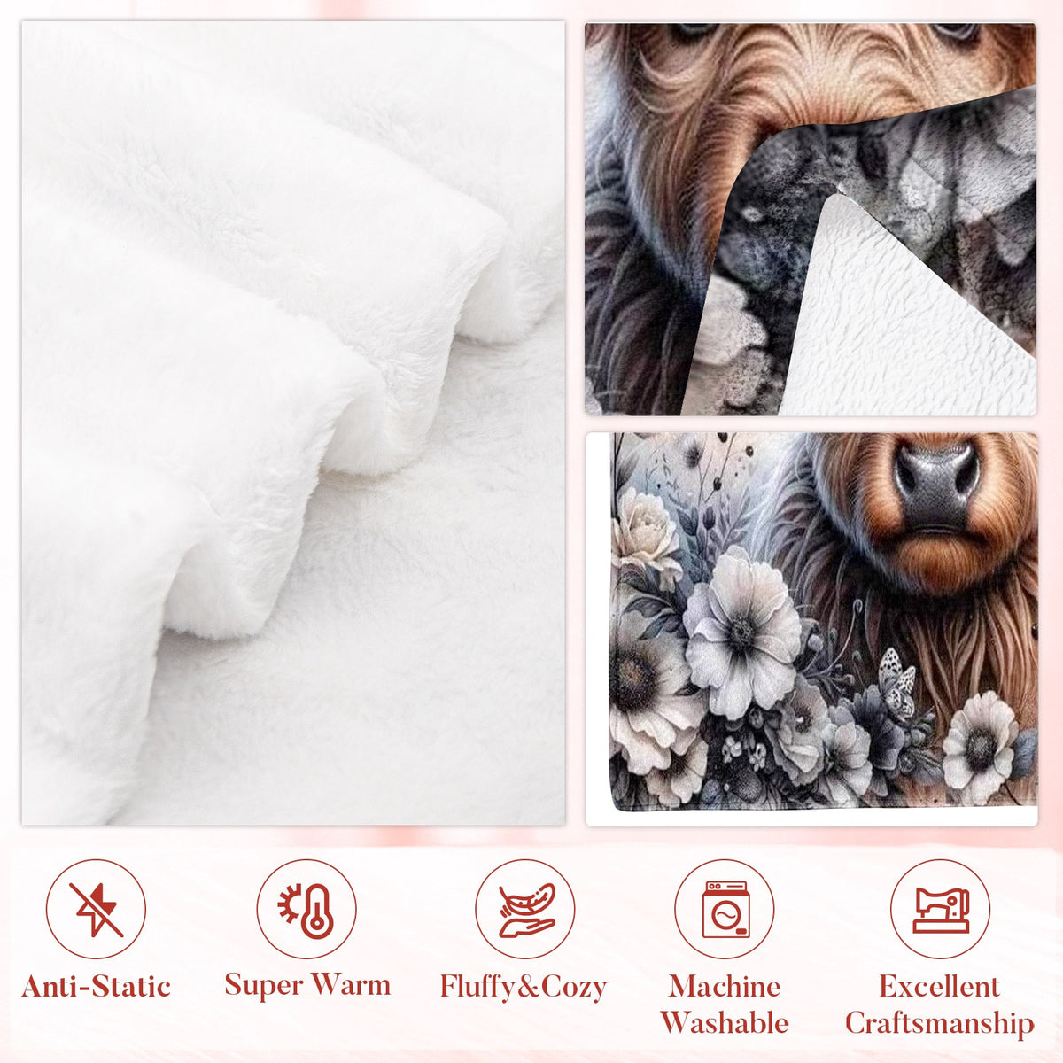 Aonana Highland Cow Plaid Bow Print Flannel Throw Blanket