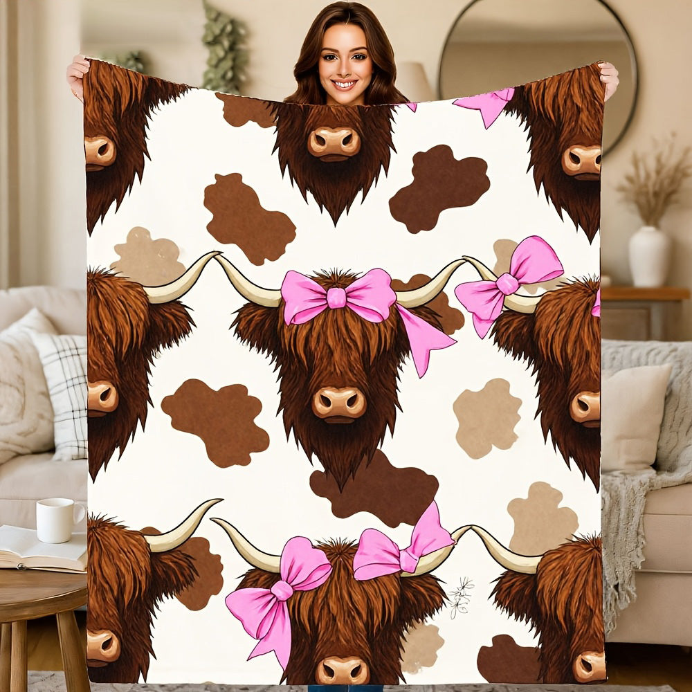 Aonana Highland Cow Pink Bow Print Flannel Throw Blanket