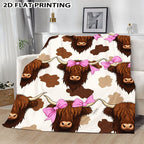Aonana Highland Cow Pink Bow Print Flannel Throw Blanket