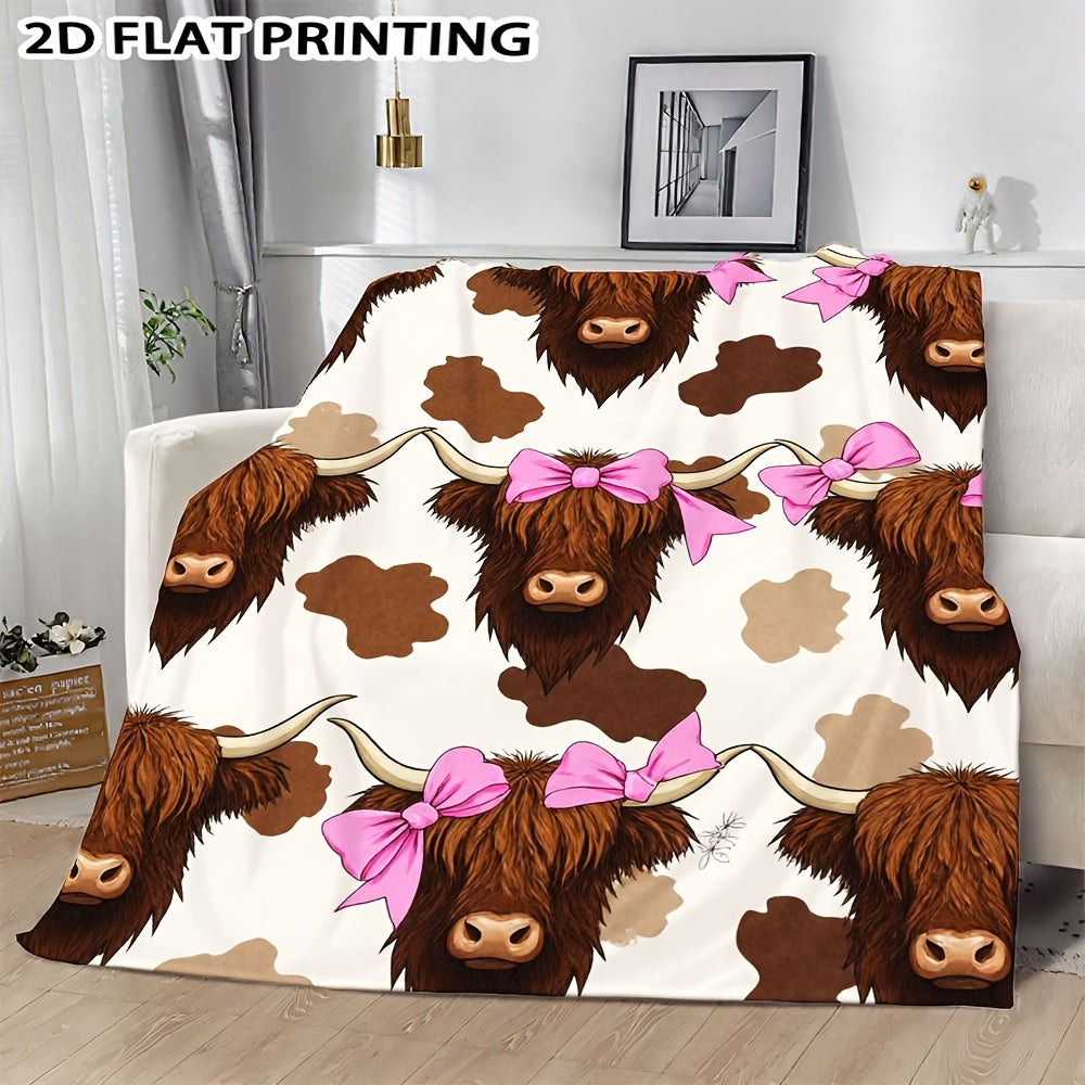 Aonana Highland Cow Pink Bow Print Flannel Throw Blanket