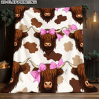 Aonana Highland Cow Pink Bow Print Flannel Throw Blanket